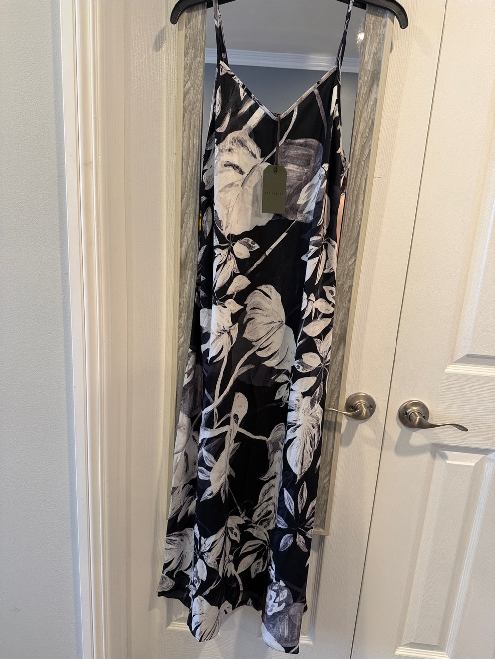 AllSaints Black Slip Maxi Dress with White Botanical Print